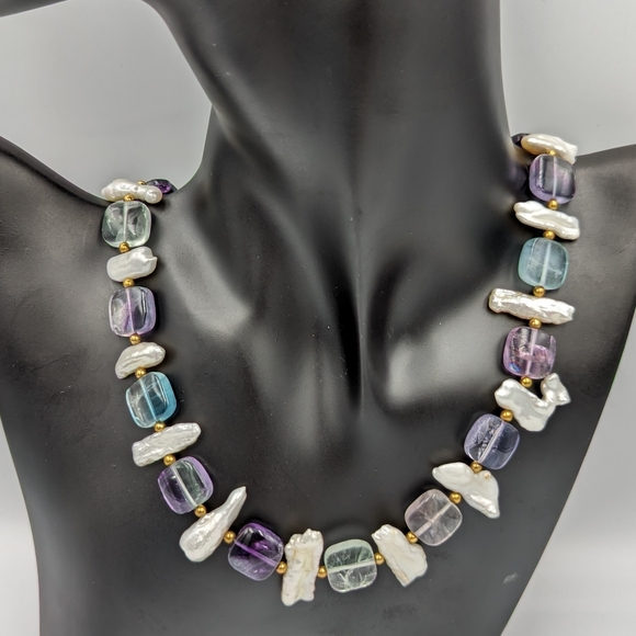 14K Gold Bead Keshi Pearl Fluorite Amethyst 14K Gold Clasp Collar Necklace 16" - Picture 7 of 13